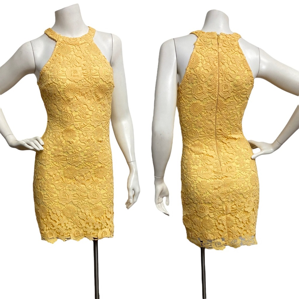 Lulus Women Bodycon Dress XS Yellow Floral Lace High Neck Lined Party Graduation